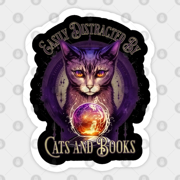 Easily Distracted By Books and Cats Design Sticker by mythikcreationz